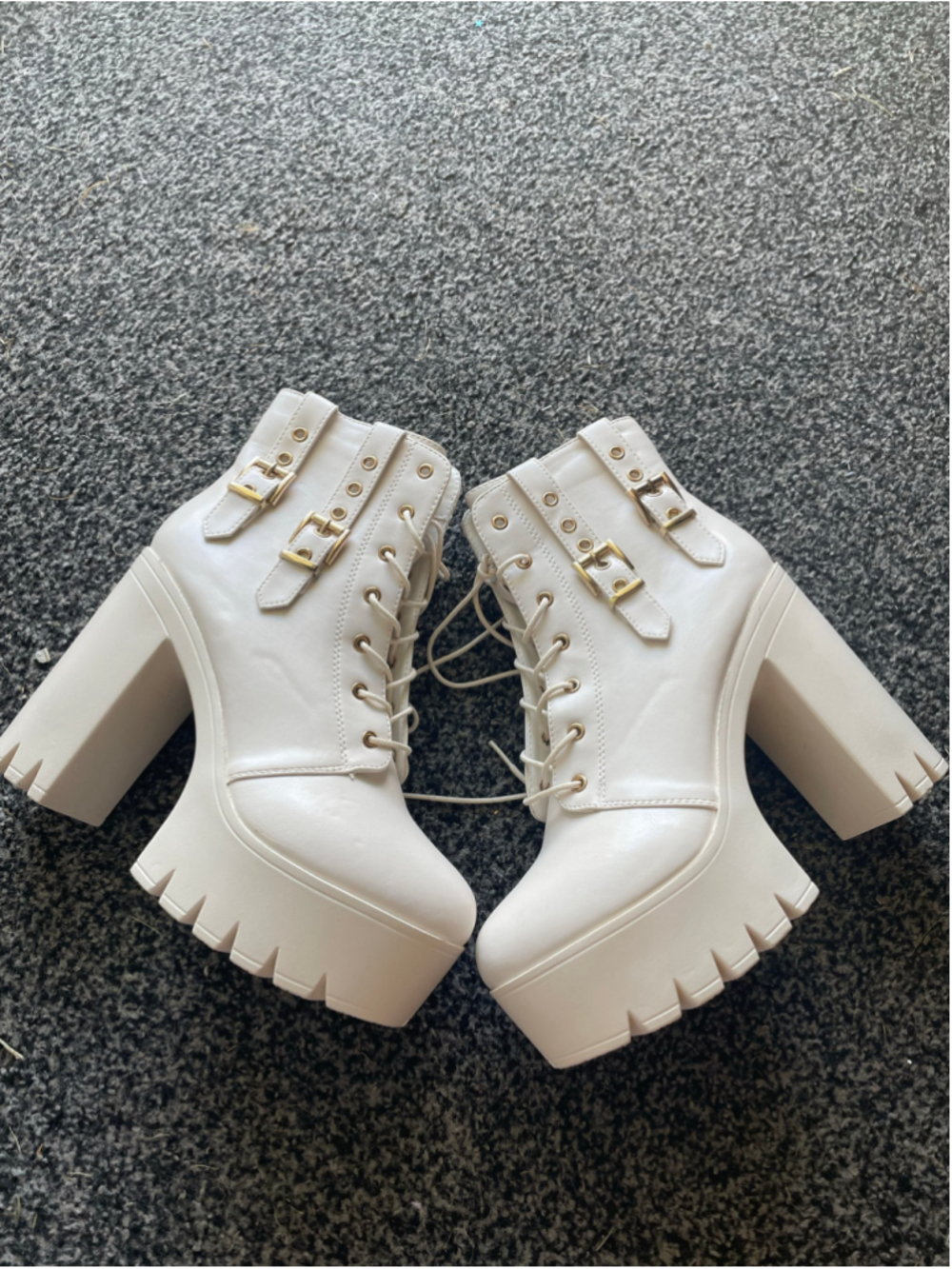 Women's White Platform Lace-Up Buckle Boots